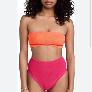 Hunza G Edie Duo Signature Crinkle Bandeau Bikini High Waist Set Orange Pink OS